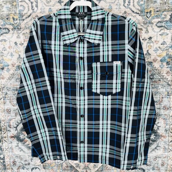 A.P.C. Men’s Alfred Plaid Shirt Jacket Size M  Blue Plaid Snap Close New - Picture 1 of 14